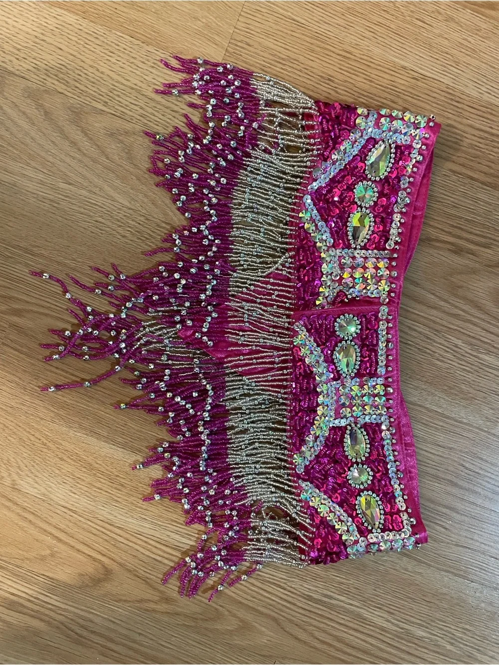 FY Kiss Hot Pink Rhinestone Beaded Fringe Belly Dance Costume Bra & Hip Belt 34D